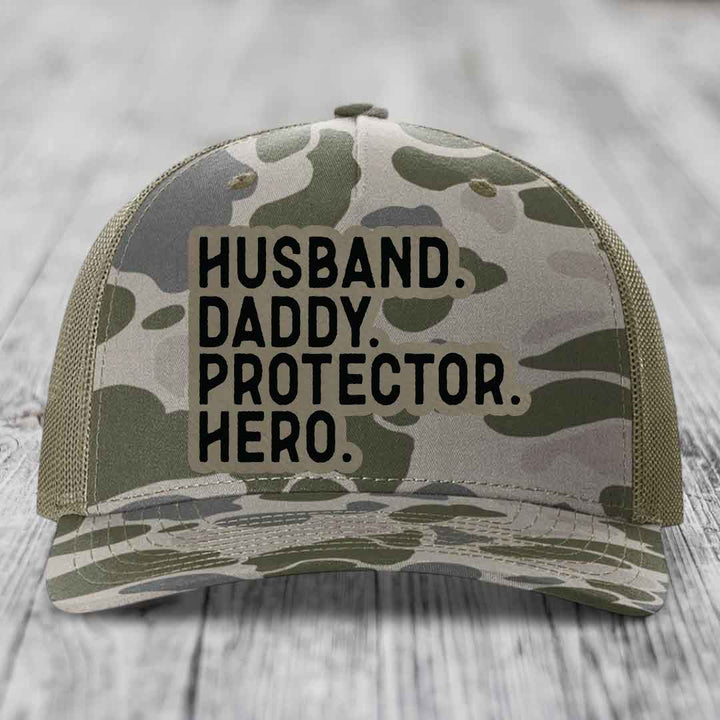 Husband Daddy Protector Hero - Leather Patch Hat - Light Brown to Black Patch - Richardson 112PFP Snapback Trucker Hat