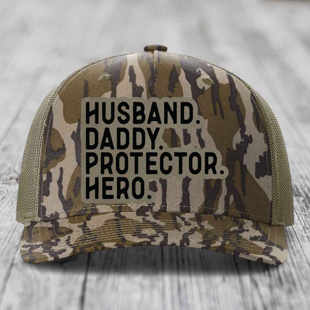 Husband Daddy Protector Hero - Leather Patch Hat - Light Brown to Black Patch - Richardson 112PFP Snapback Trucker Hat