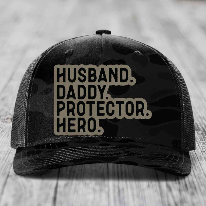 Husband Daddy Protector Hero - Leather Patch Hat - Light Brown to Black Patch - Richardson 112PFP Snapback Trucker Hat