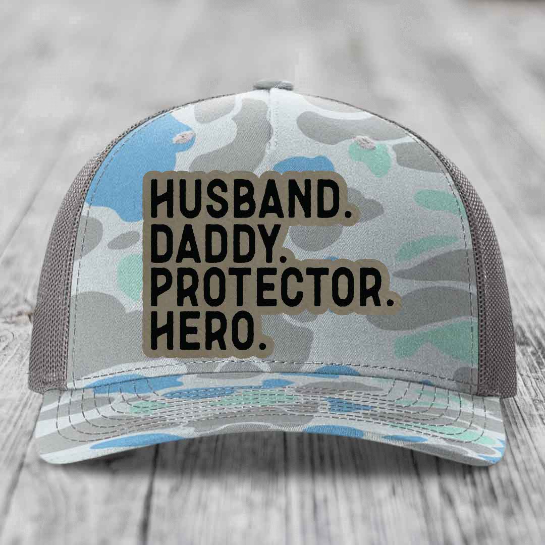 Husband Daddy Protector Hero - Leather Patch Hat - Light Brown to Black Patch - Richardson 112PFP Snapback Trucker Hat