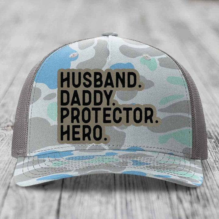 Husband Daddy Protector Hero - Leather Patch Hat - Light Brown to Black Patch - Richardson 112PFP Snapback Trucker Hat