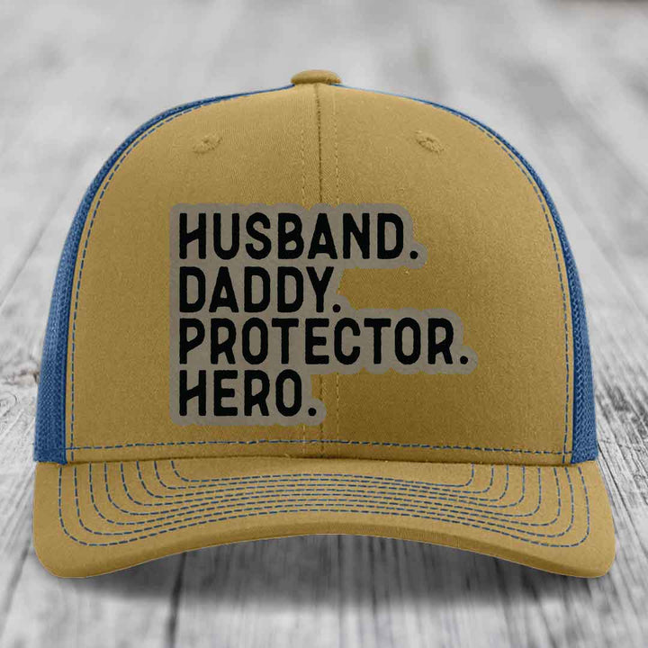Husband Daddy Protector Hero - Leather Patch Hat - Light Brown to Black Patch - Richardson 112 Snapback Trucker Hat