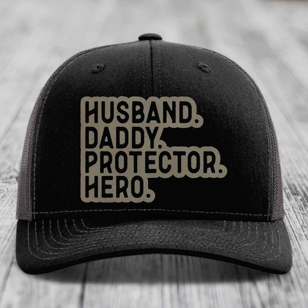 Husband Daddy Protector Hero - Leather Patch Hat - Light Brown to Black Patch - Richardson 112 Snapback Trucker Hat