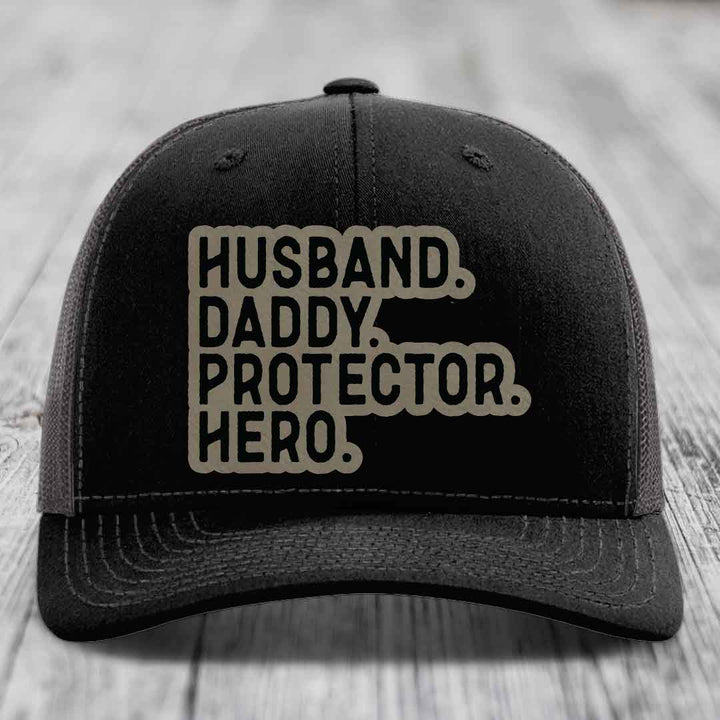 Husband Daddy Protector Hero - Leather Patch Hat - Light Brown to Black Patch - Richardson 112 Snapback Trucker Hat