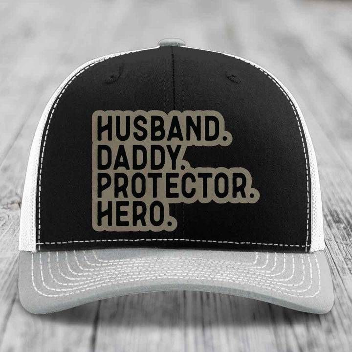 Husband Daddy Protector Hero - Leather Patch Hat - Light Brown to Black Patch - Richardson 112 Snapback Trucker Hat