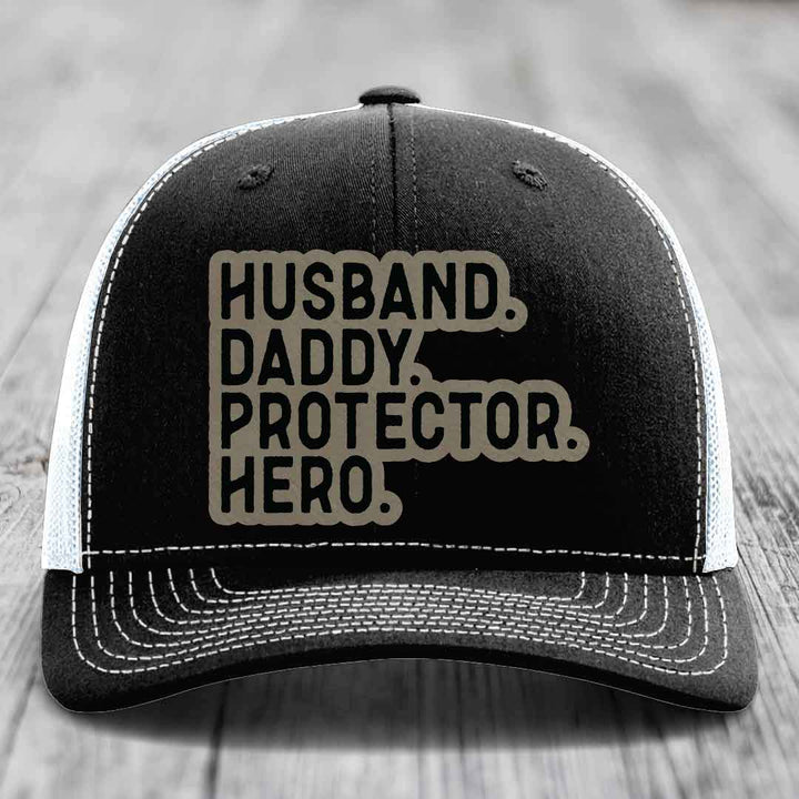 Husband Daddy Protector Hero - Leather Patch Hat - Light Brown to Black Patch - Richardson 112 Snapback Trucker Hat
