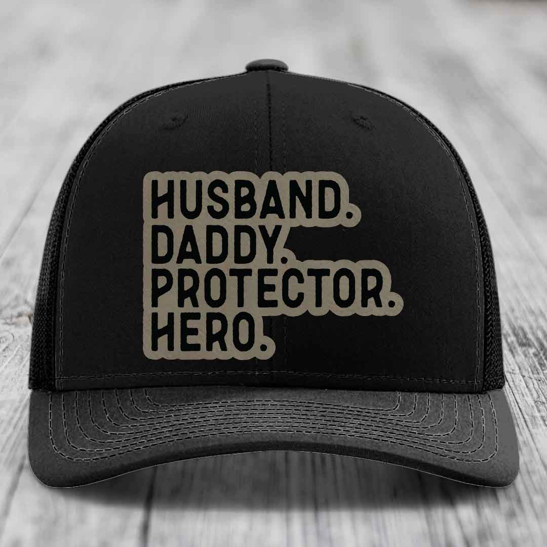 Husband Daddy Protector Hero - Leather Patch Hat - Light Brown to Black Patch - Richardson 112 Snapback Trucker Hat