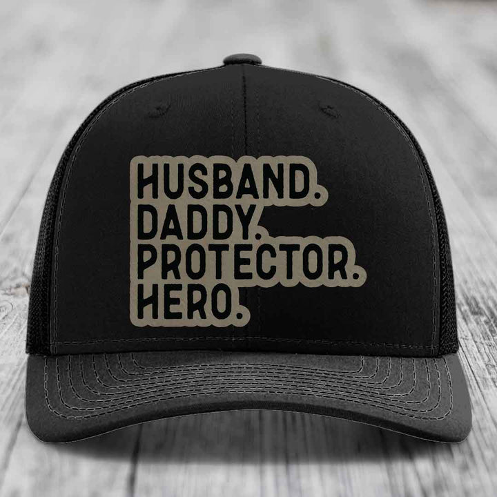 Husband Daddy Protector Hero - Leather Patch Hat - Light Brown to Black Patch - Richardson 112 Snapback Trucker Hat
