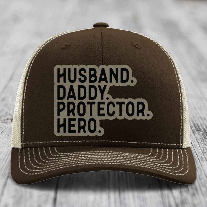 Husband Daddy Protector Hero - Leather Patch Hat - Light Brown to Black Patch - Richardson 112 Snapback Trucker Hat
