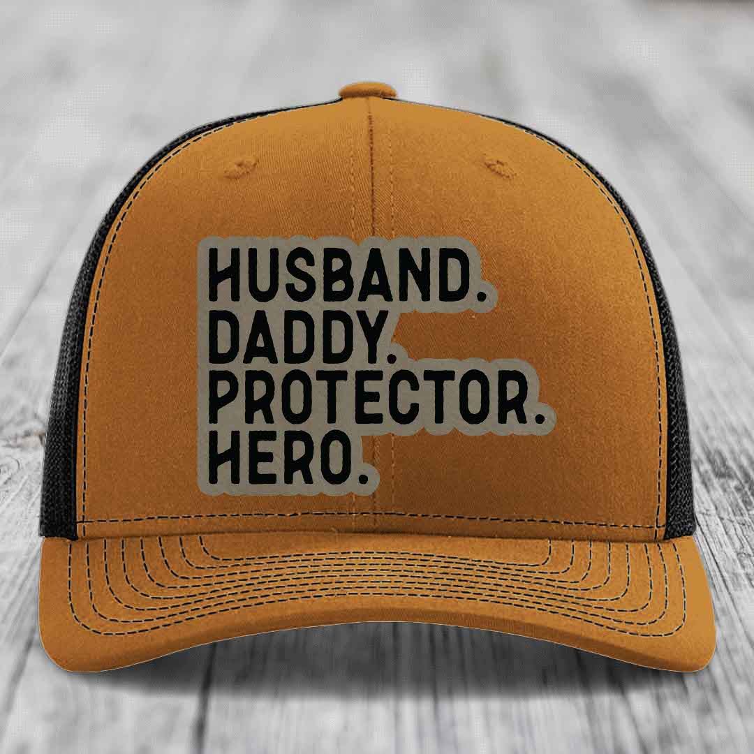 Husband Daddy Protector Hero - Leather Patch Hat - Light Brown to Black Patch - Richardson 112 Snapback Trucker Hat