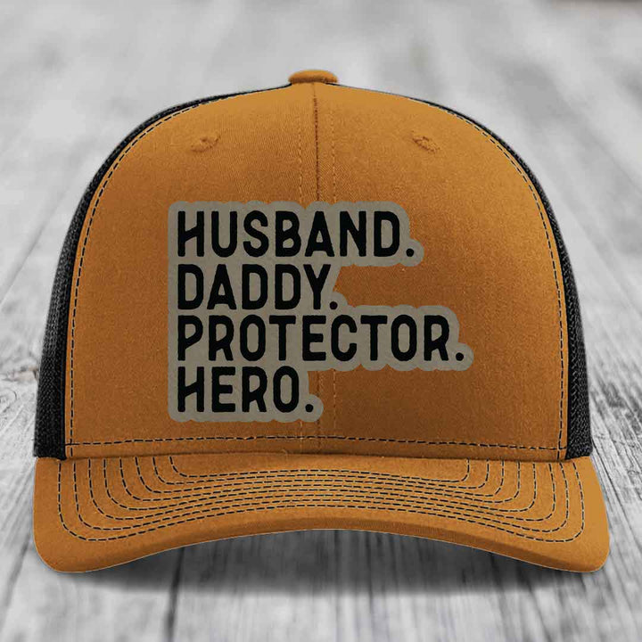 Husband Daddy Protector Hero - Leather Patch Hat - Light Brown to Black Patch - Richardson 112 Snapback Trucker Hat