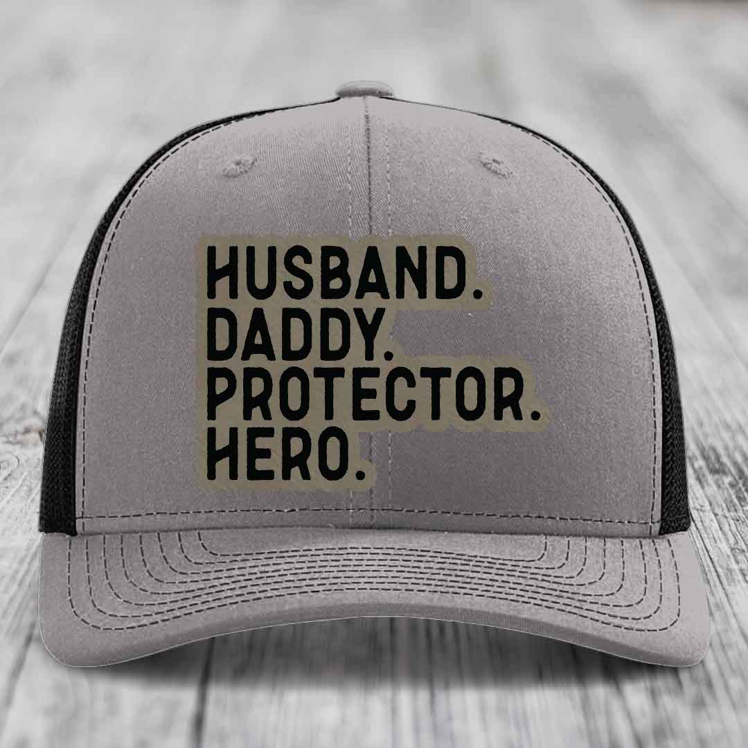 Husband Daddy Protector Hero - Leather Patch Hat - Light Brown to Black Patch - Richardson 112 Snapback Trucker Hat