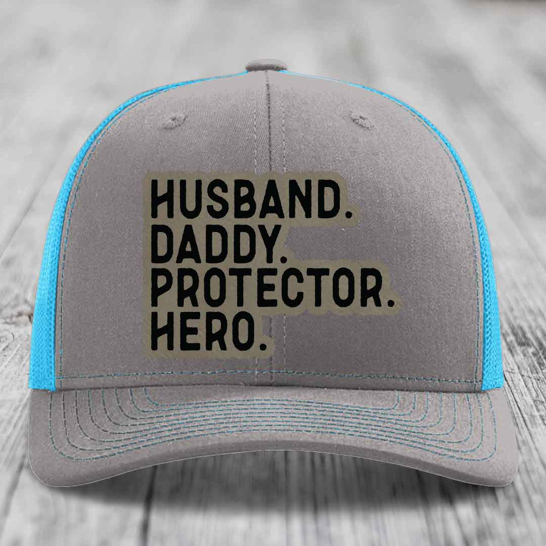 Husband Daddy Protector Hero - Leather Patch Hat - Light Brown to Black Patch - Richardson 112 Snapback Trucker Hat