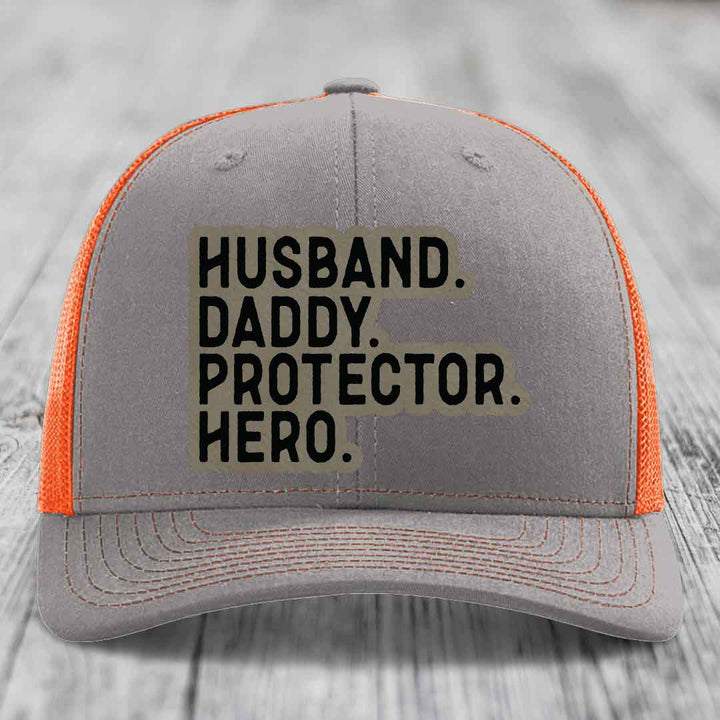 Husband Daddy Protector Hero - Leather Patch Hat - Light Brown to Black Patch - Richardson 112 Snapback Trucker Hat