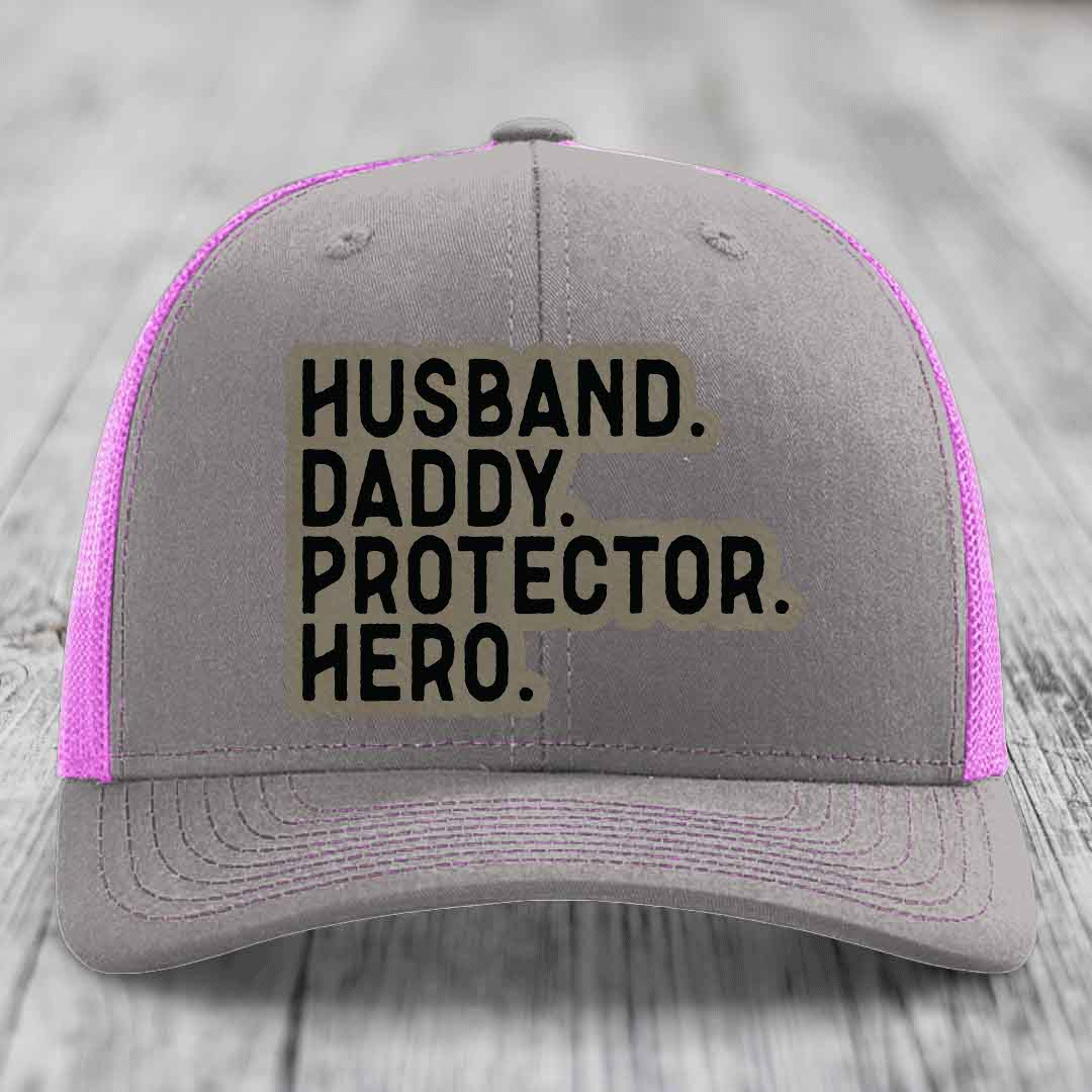 Husband Daddy Protector Hero - Leather Patch Hat - Light Brown to Black Patch - Richardson 112 Snapback Trucker Hat