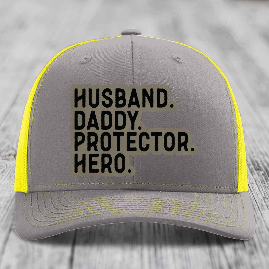 Husband Daddy Protector Hero - Leather Patch Hat - Light Brown to Black Patch - Richardson 112 Snapback Trucker Hat