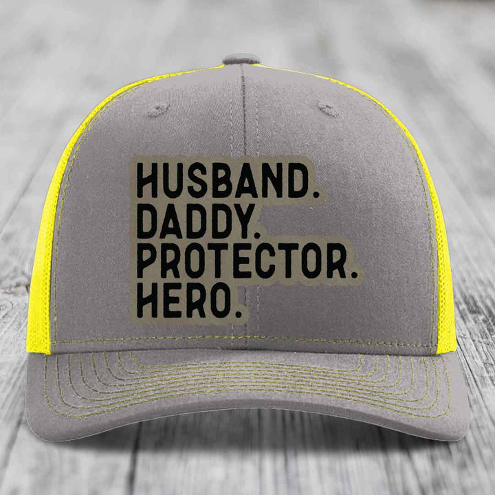 Husband Daddy Protector Hero - Leather Patch Hat - Light Brown to Black Patch - Richardson 112 Snapback Trucker Hat