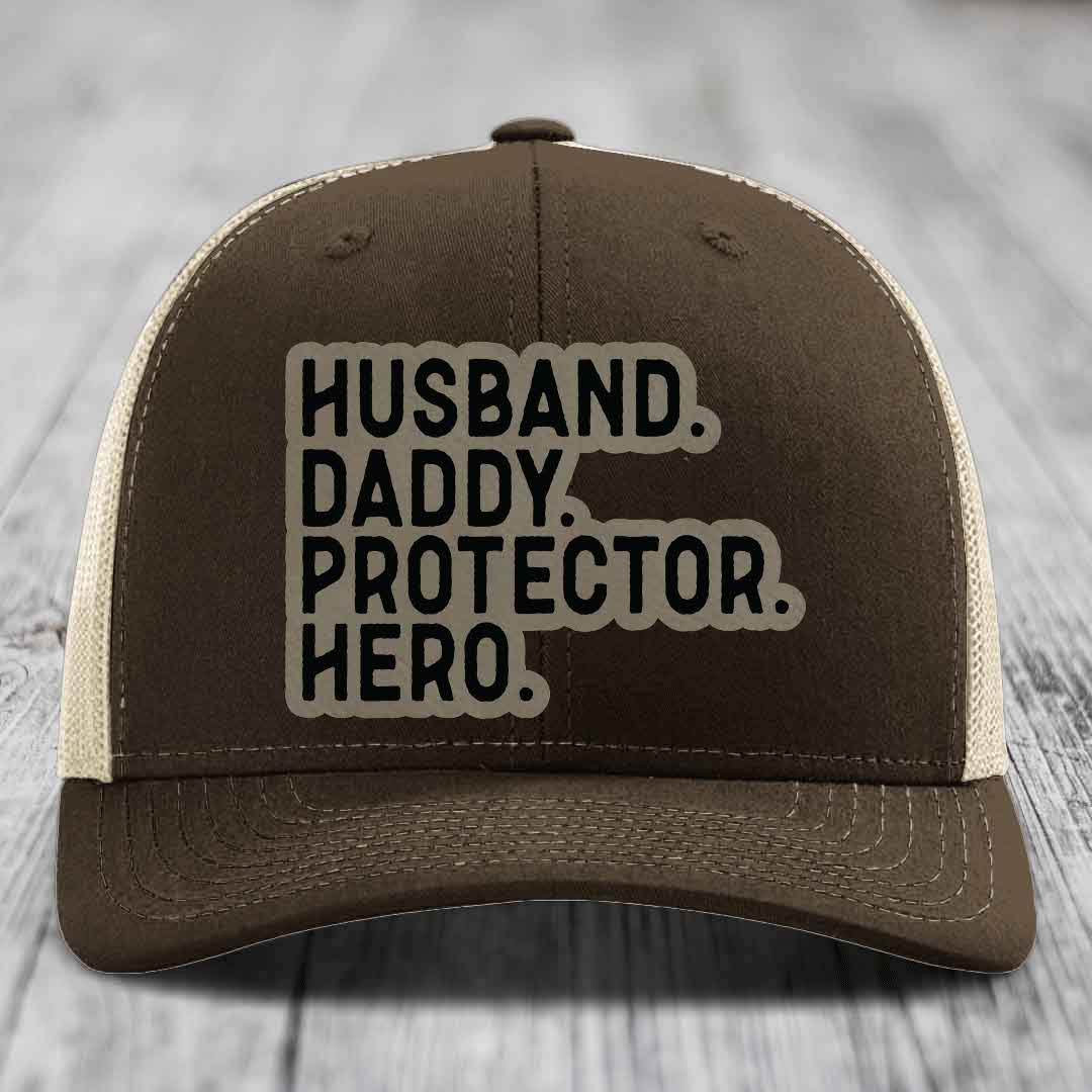 Husband Daddy Protector Hero - Leather Patch Hat - Light Brown to Black Patch - Richardson 112 Snapback Trucker Hat