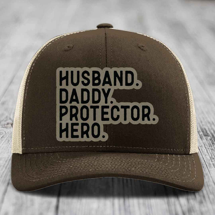 Husband Daddy Protector Hero - Leather Patch Hat - Light Brown to Black Patch - Richardson 112 Snapback Trucker Hat