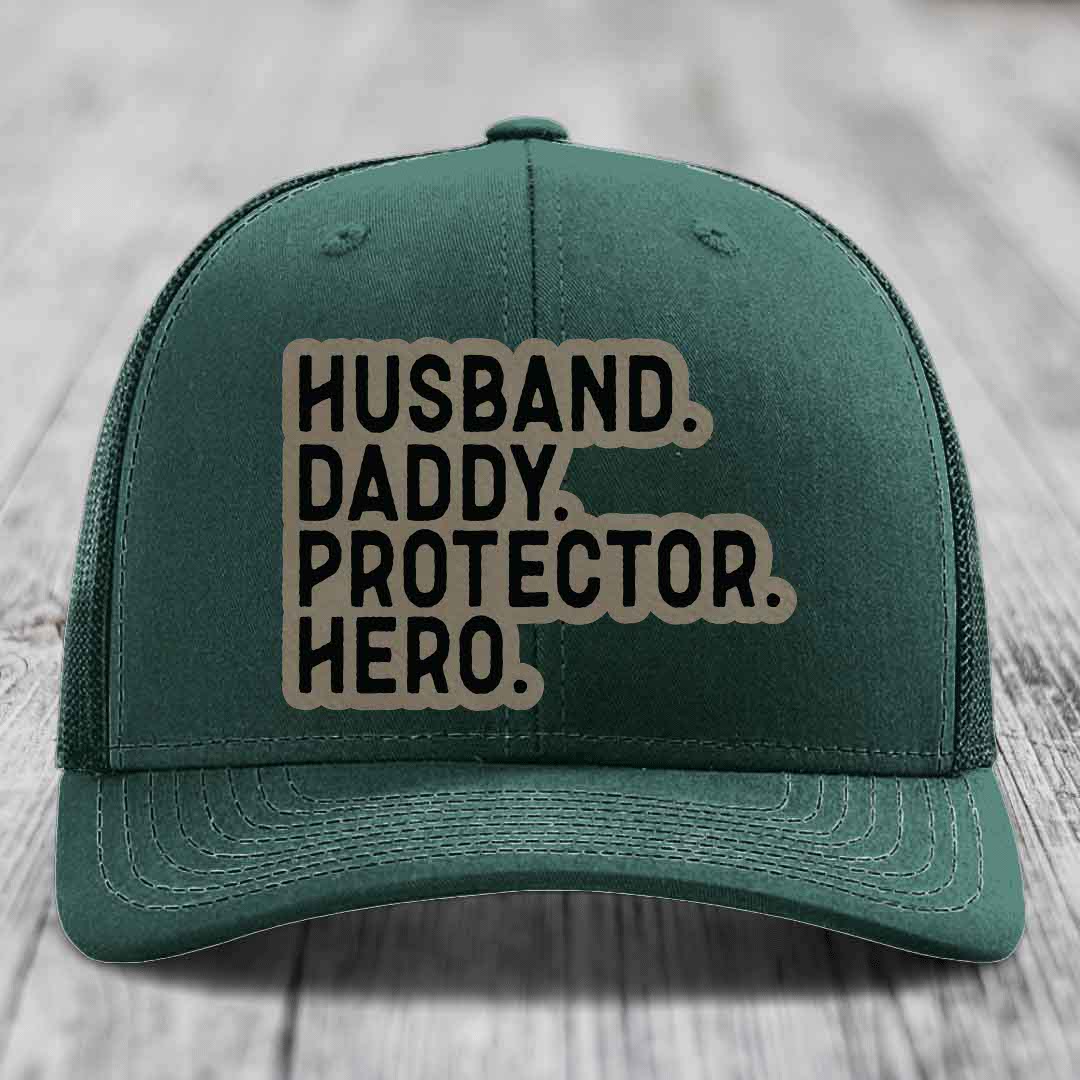 Husband Daddy Protector Hero - Leather Patch Hat - Light Brown to Black Patch - Richardson 112 Snapback Trucker Hat