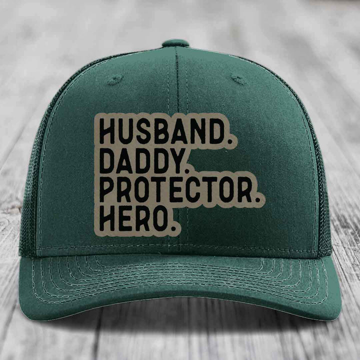Husband Daddy Protector Hero - Leather Patch Hat - Light Brown to Black Patch - Richardson 112 Snapback Trucker Hat