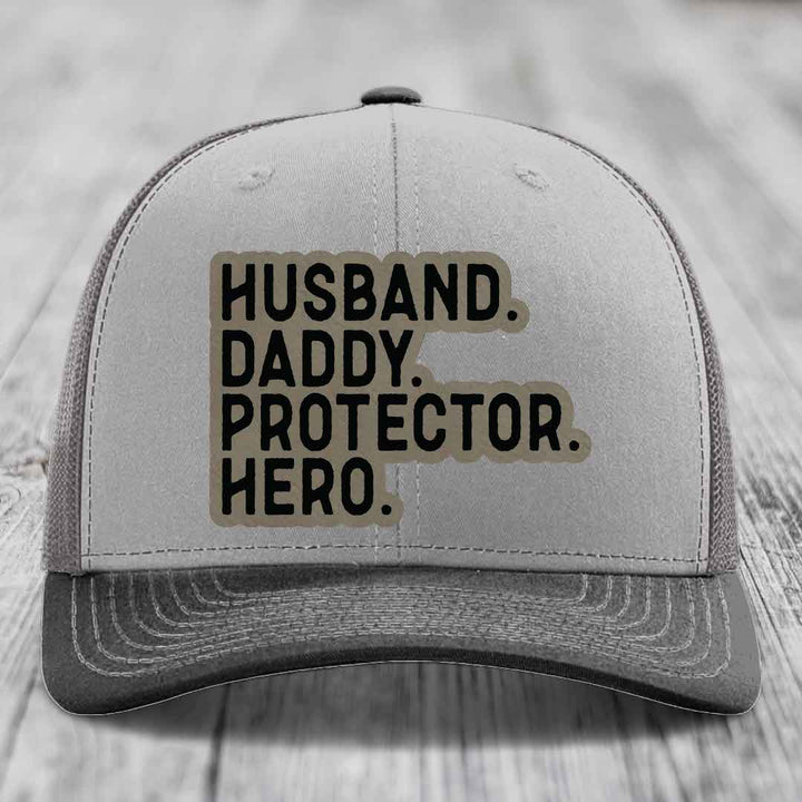 Husband Daddy Protector Hero - Leather Patch Hat - Light Brown to Black Patch - Richardson 112 Snapback Trucker Hat