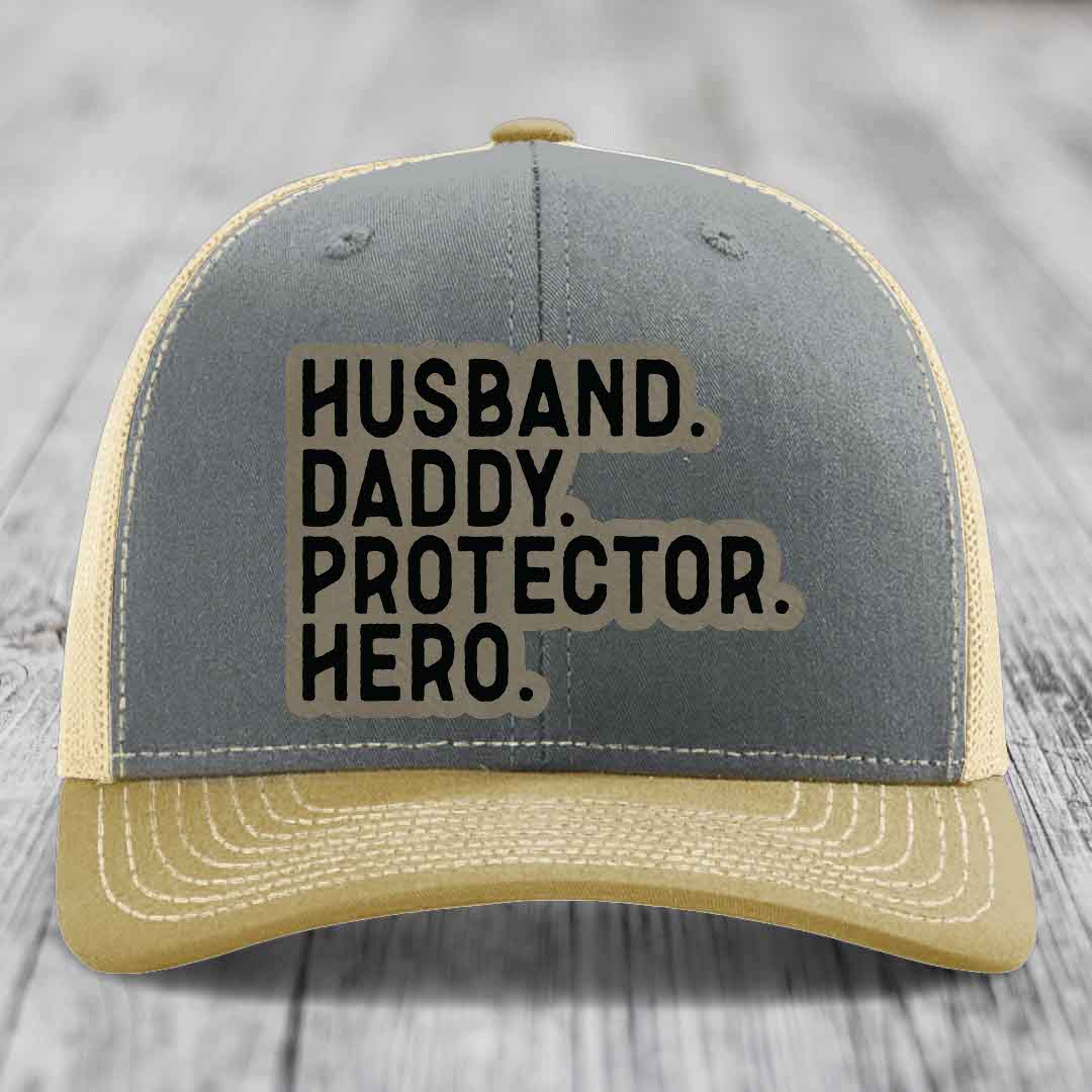 Husband Daddy Protector Hero - Leather Patch Hat - Light Brown to Black Patch - Richardson 112 Snapback Trucker Hat
