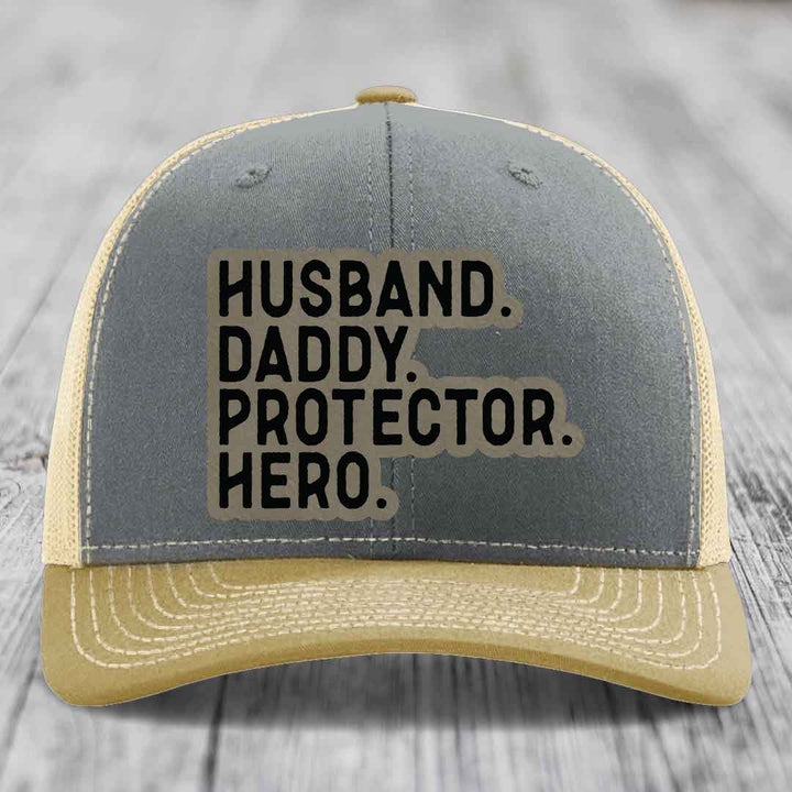 Husband Daddy Protector Hero - Leather Patch Hat - Light Brown to Black Patch - Richardson 112 Snapback Trucker Hat