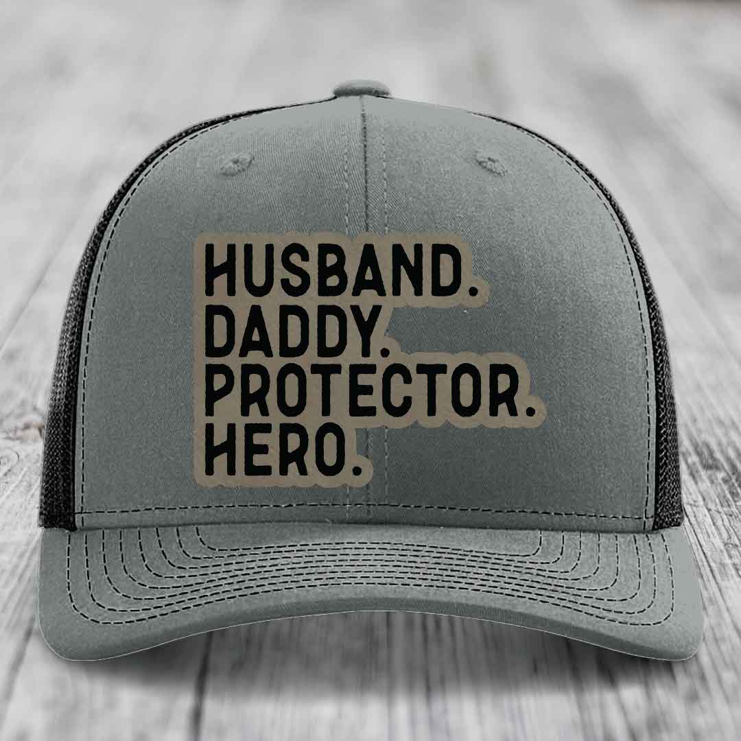 Husband Daddy Protector Hero - Leather Patch Hat - Light Brown to Black Patch - Richardson 112 Snapback Trucker Hat