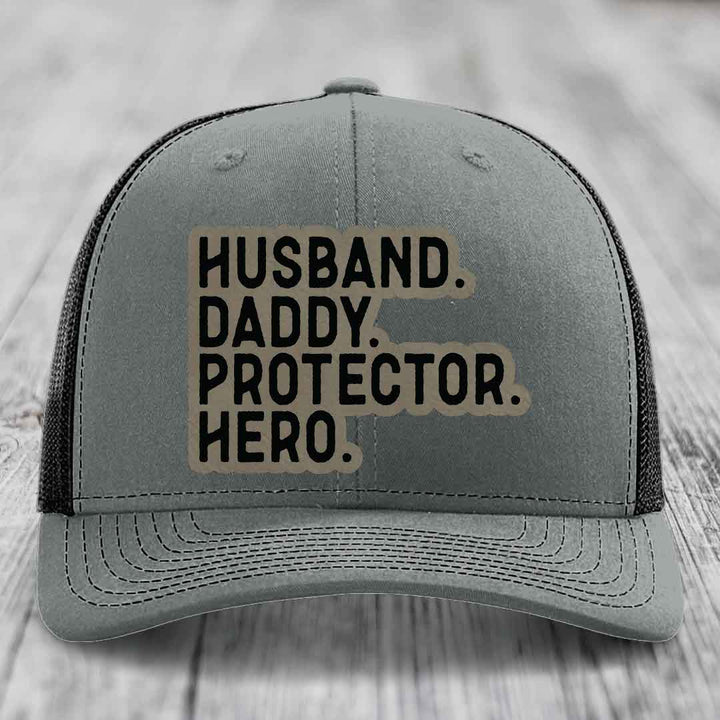 Husband Daddy Protector Hero - Leather Patch Hat - Light Brown to Black Patch - Richardson 112 Snapback Trucker Hat