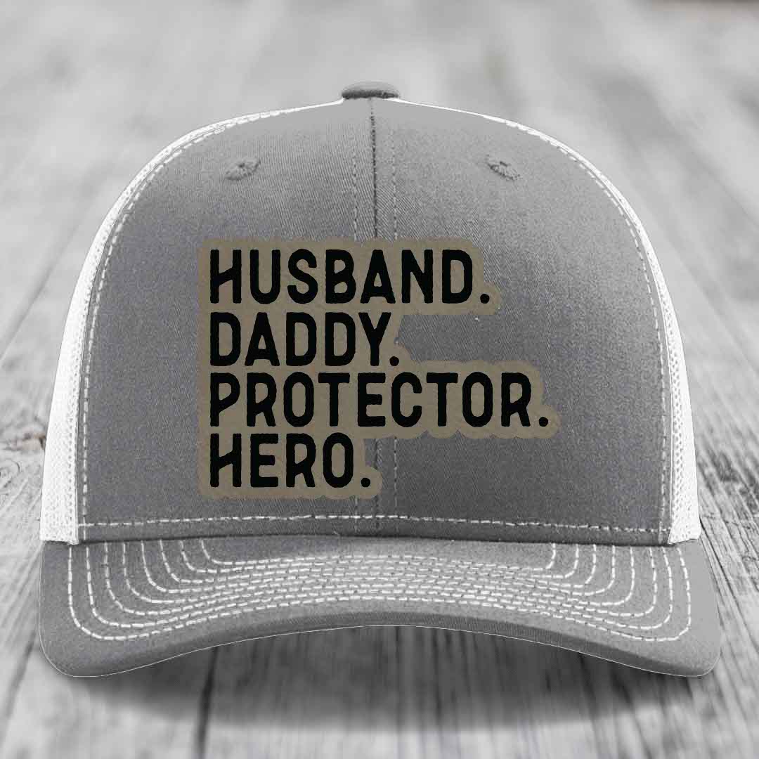Husband Daddy Protector Hero - Leather Patch Hat - Light Brown to Black Patch - Richardson 112 Snapback Trucker Hat
