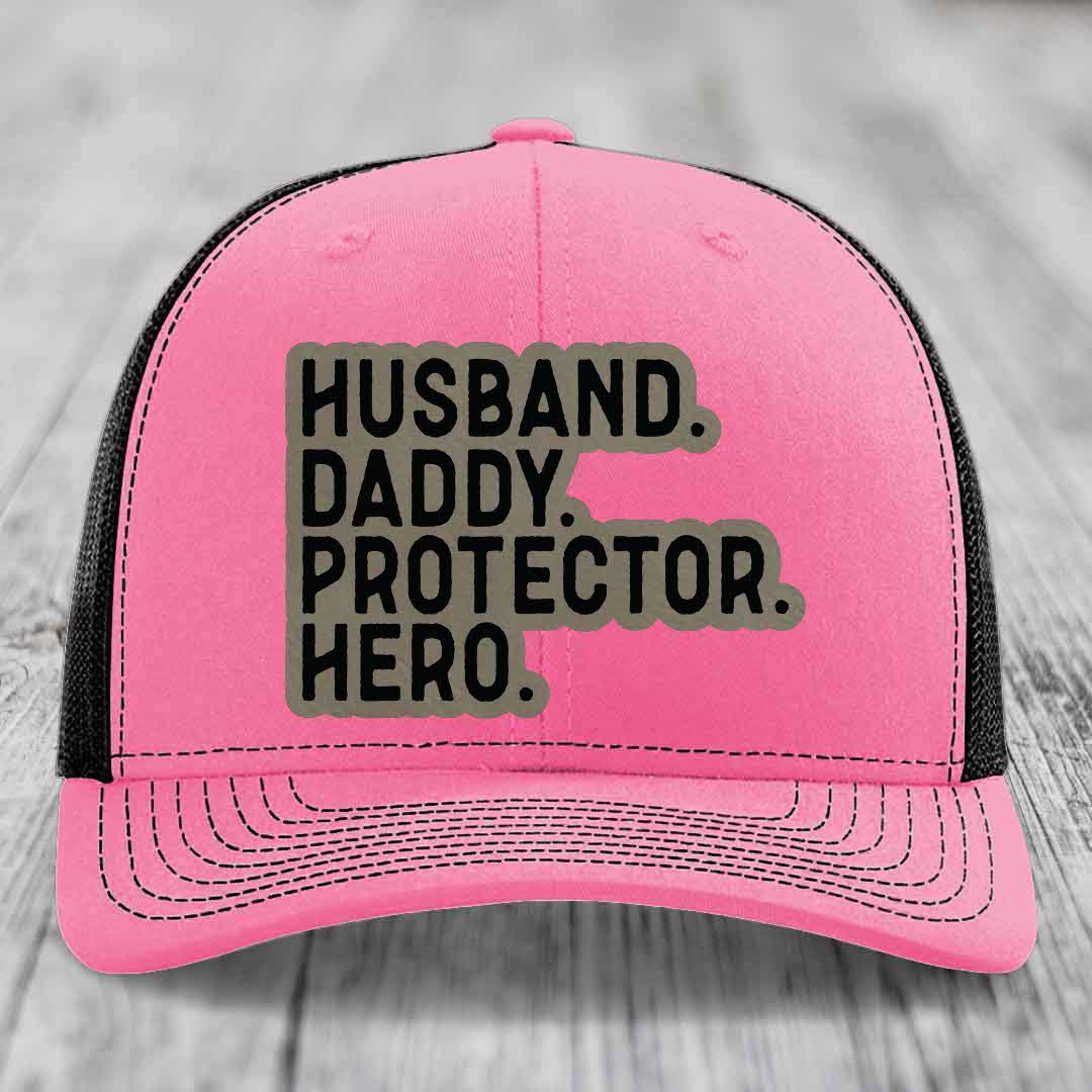 Husband Daddy Protector Hero - Leather Patch Hat - Light Brown to Black Patch - Richardson 112 Snapback Trucker Hat