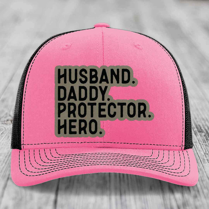 Husband Daddy Protector Hero - Leather Patch Hat - Light Brown to Black Patch - Richardson 112 Snapback Trucker Hat