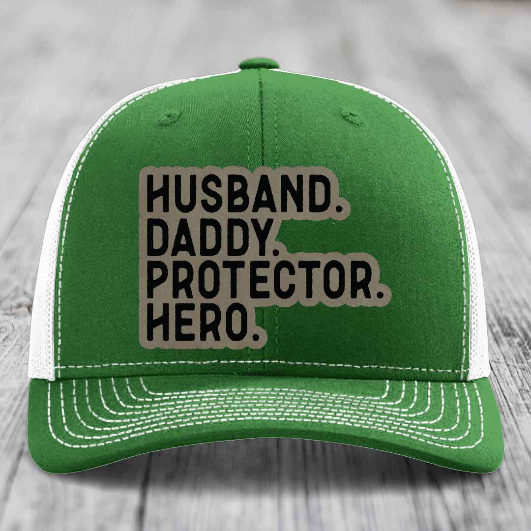 Husband Daddy Protector Hero - Leather Patch Hat - Light Brown to Black Patch - Richardson 112 Snapback Trucker Hat