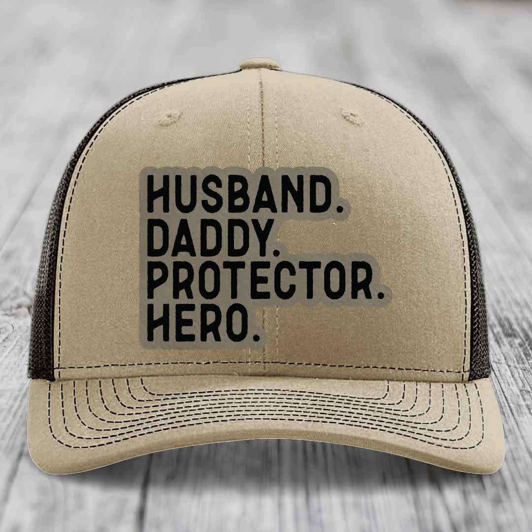 Husband Daddy Protector Hero - Leather Patch Hat - Light Brown to Black Patch - Richardson 112 Snapback Trucker Hat