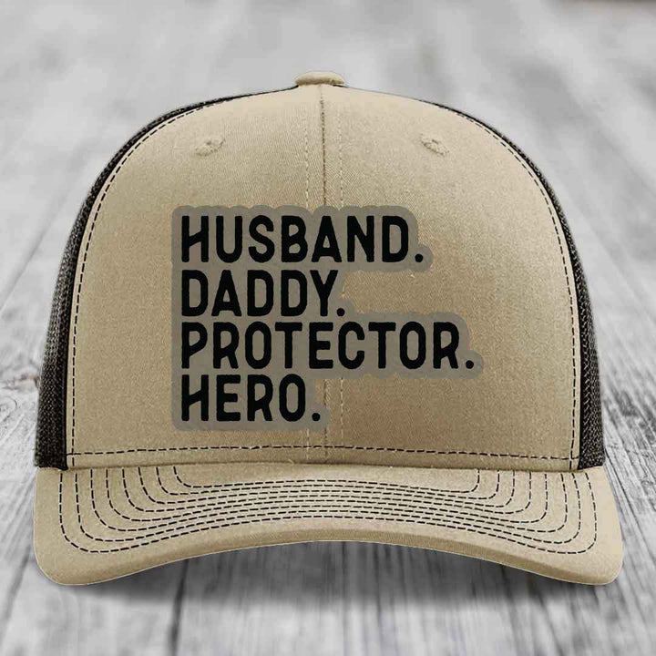 Husband Daddy Protector Hero - Leather Patch Hat - Light Brown to Black Patch - Richardson 112 Snapback Trucker Hat