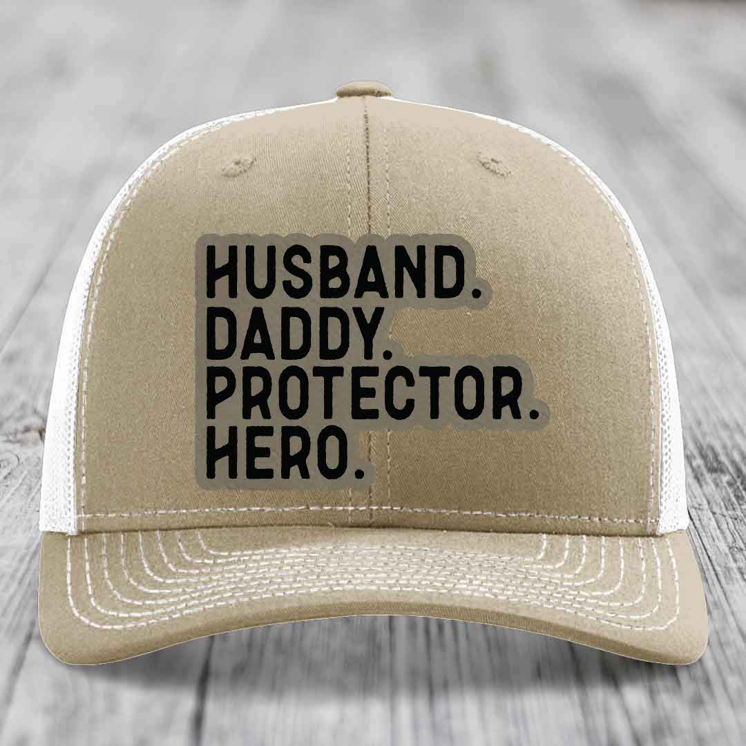 Husband Daddy Protector Hero - Leather Patch Hat - Light Brown to Black Patch - Richardson 112 Snapback Trucker Hat