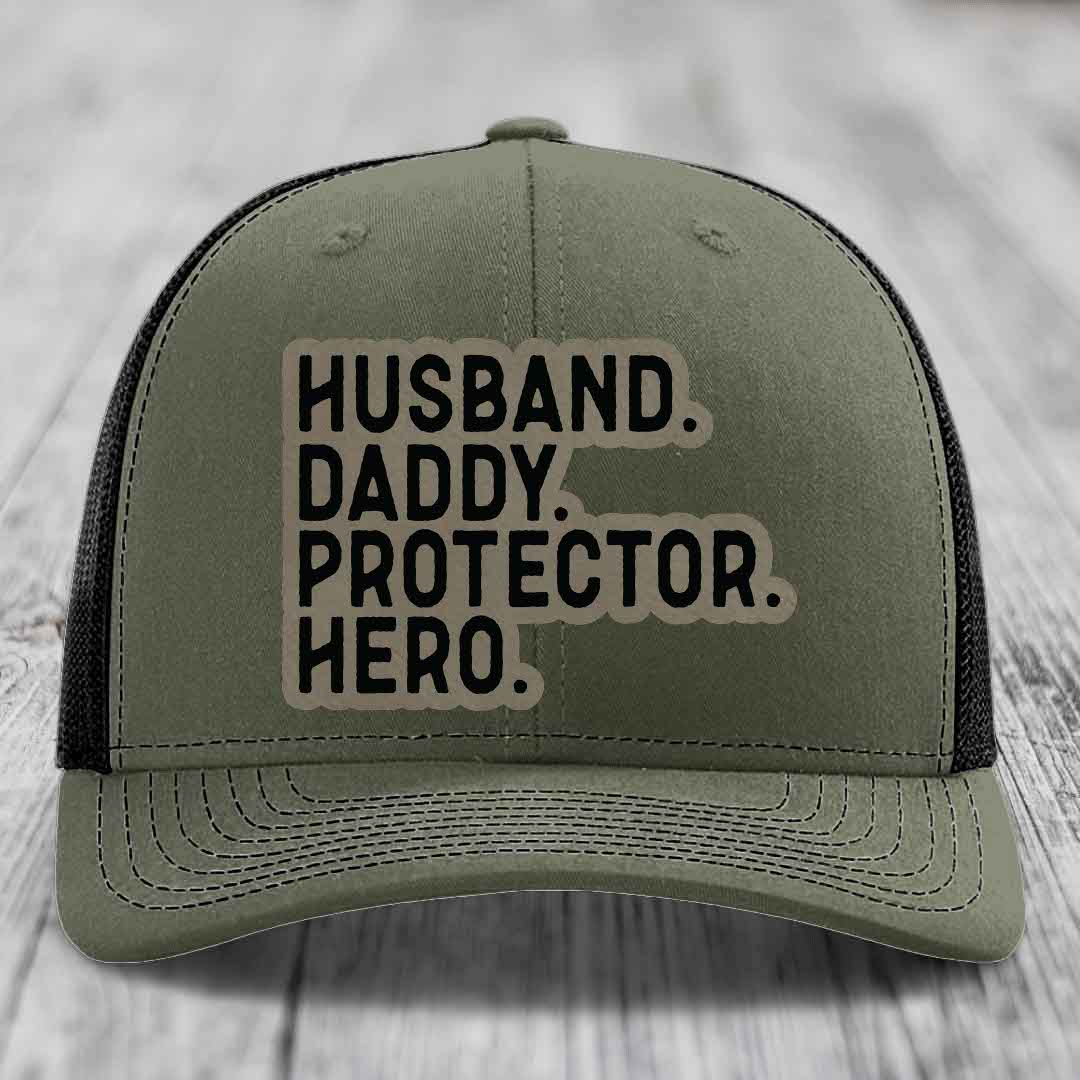 Husband Daddy Protector Hero - Leather Patch Hat - Light Brown to Black Patch - Richardson 112 Snapback Trucker Hat