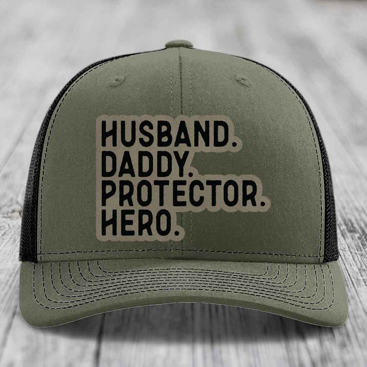 Husband Daddy Protector Hero - Leather Patch Hat - Light Brown to Black Patch - Richardson 112 Snapback Trucker Hat