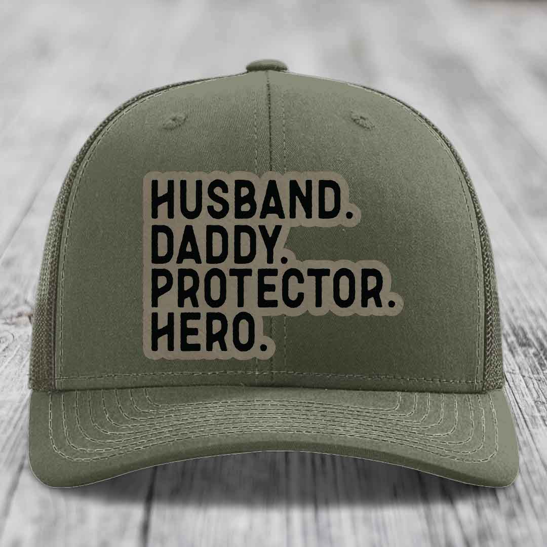 Husband Daddy Protector Hero - Leather Patch Hat - Light Brown to Black Patch - Richardson 112 Snapback Trucker Hat