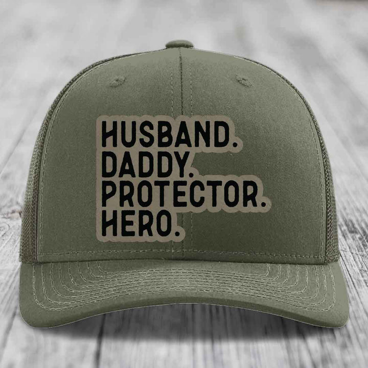 Husband Daddy Protector Hero - Leather Patch Hat - Light Brown to Black Patch - Richardson 112 Snapback Trucker Hat