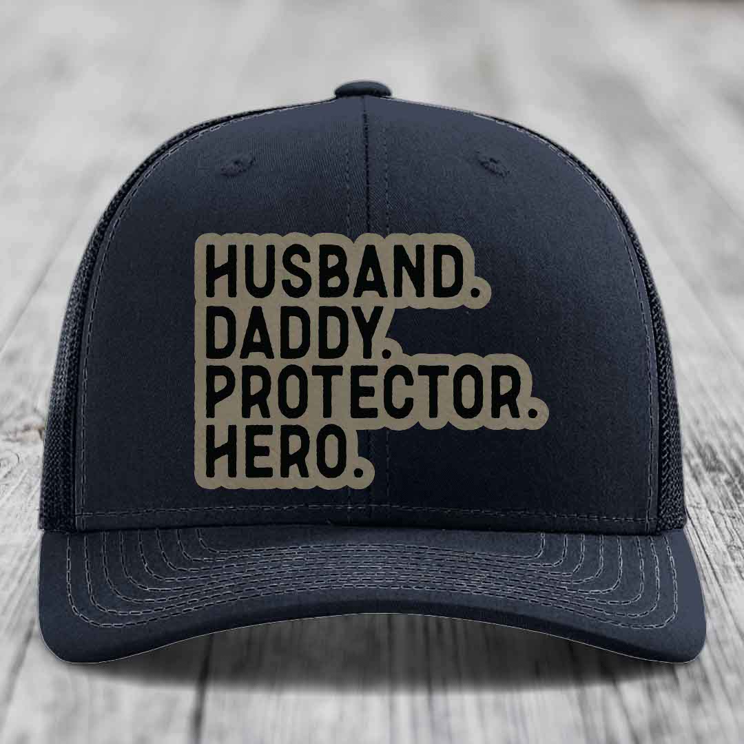 Husband Daddy Protector Hero - Leather Patch Hat - Light Brown to Black Patch - Richardson 112 Snapback Trucker Hat