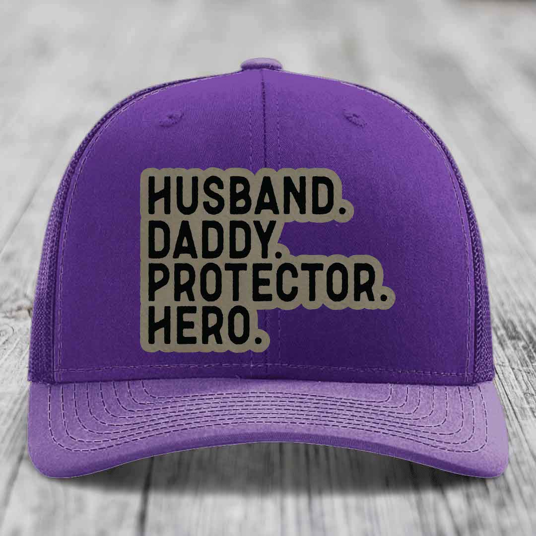 Husband Daddy Protector Hero - Leather Patch Hat - Light Brown to Black Patch - Richardson 112 Snapback Trucker Hat
