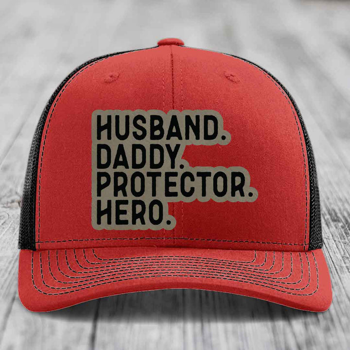 Husband Daddy Protector Hero - Leather Patch Hat - Light Brown to Black Patch - Richardson 112 Snapback Trucker Hat