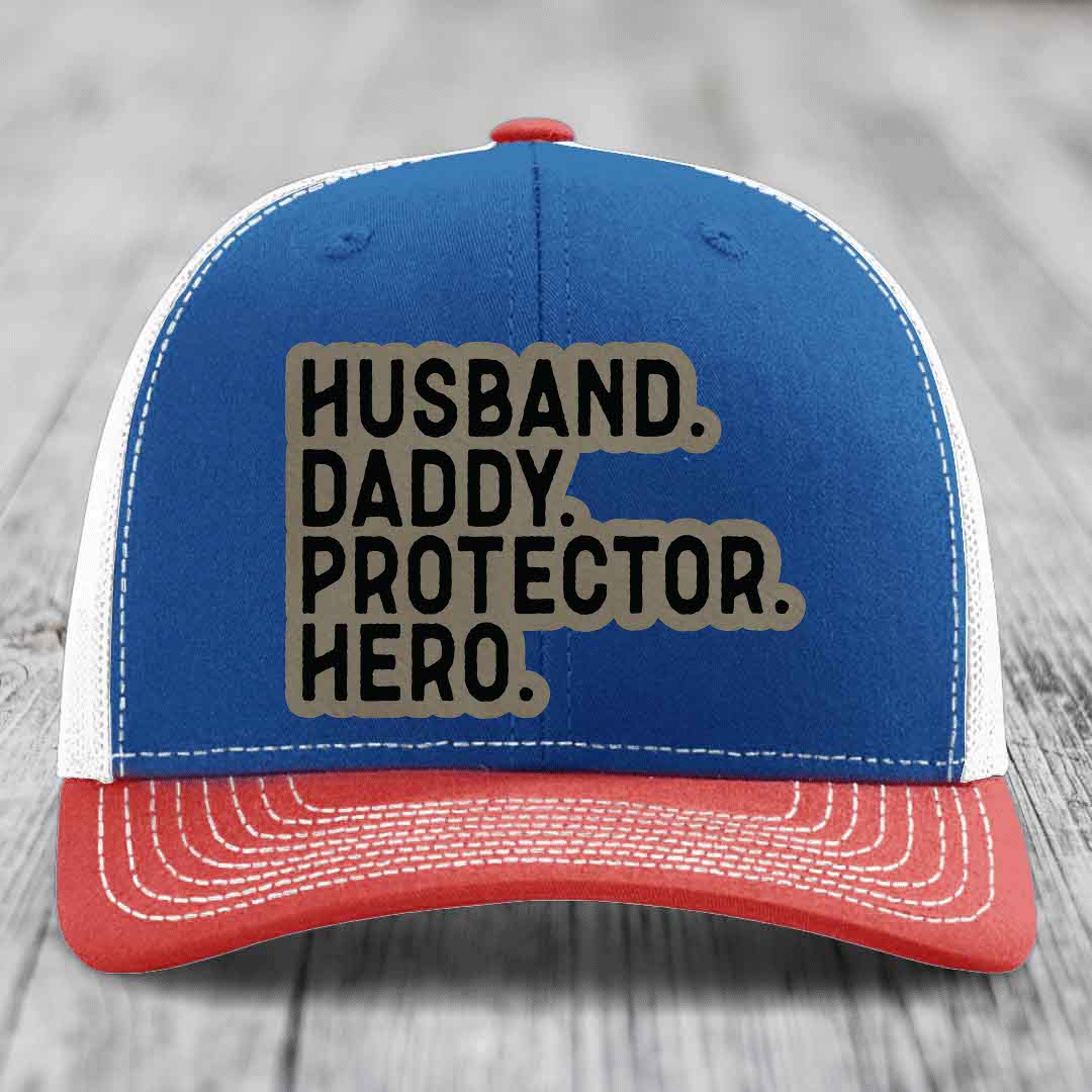 Husband Daddy Protector Hero - Leather Patch Hat - Light Brown to Black Patch - Richardson 112 Snapback Trucker Hat