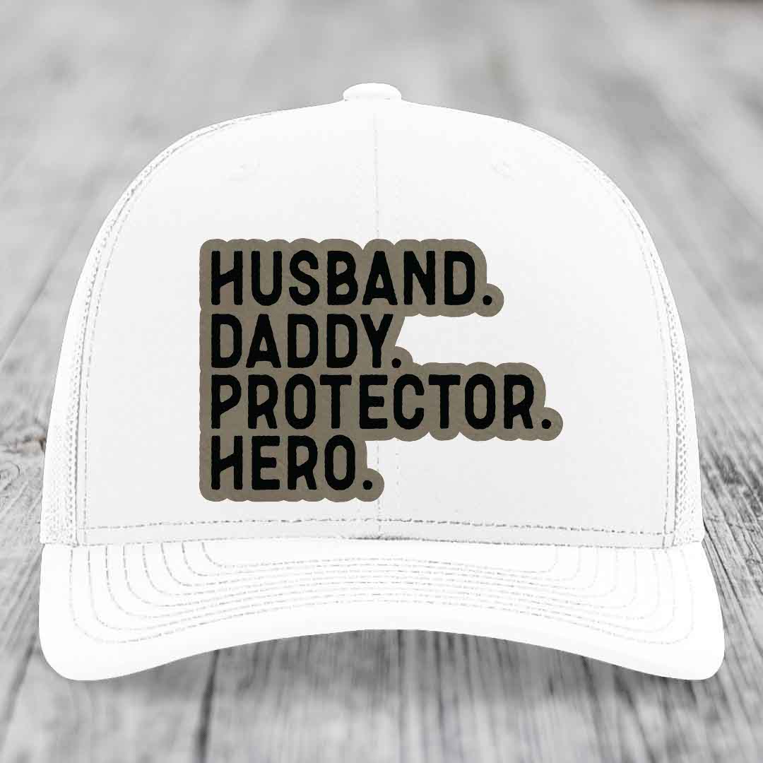 Husband Daddy Protector Hero - Leather Patch Hat - Light Brown to Black Patch - Richardson 112 Snapback Trucker Hat