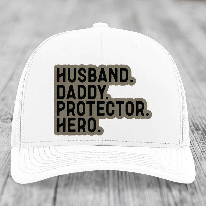 Husband Daddy Protector Hero - Leather Patch Hat - Light Brown to Black Patch - Richardson 112 Snapback Trucker Hat