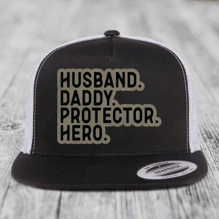 Husband Daddy Protector Hero - Leather Patch Hat - Light Brown to Black Patch - Yupoong 6006 Snapback Flatbill Hat