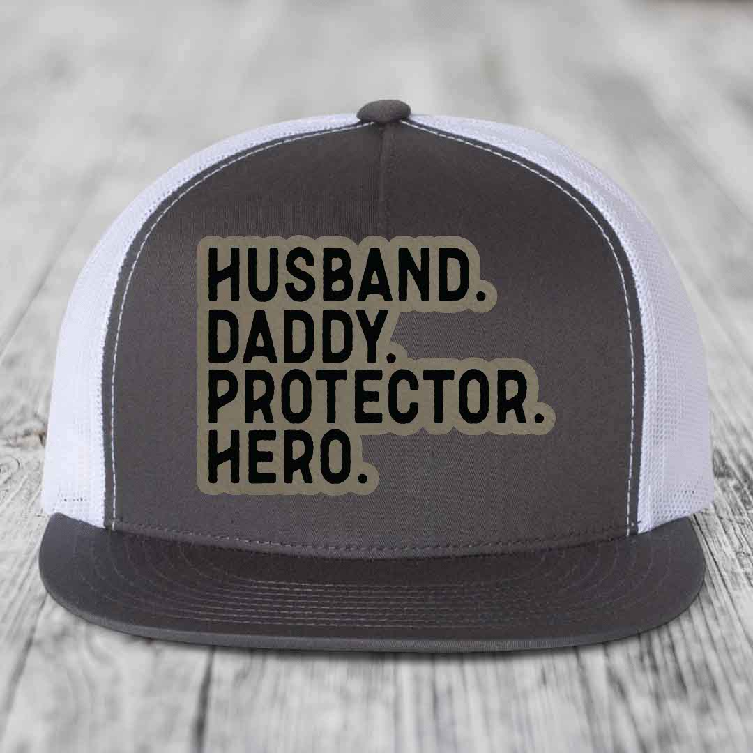 Husband Daddy Protector Hero - Leather Patch Hat - Light Brown to Black Patch - Yupoong 6006 Snapback Flatbill Hat