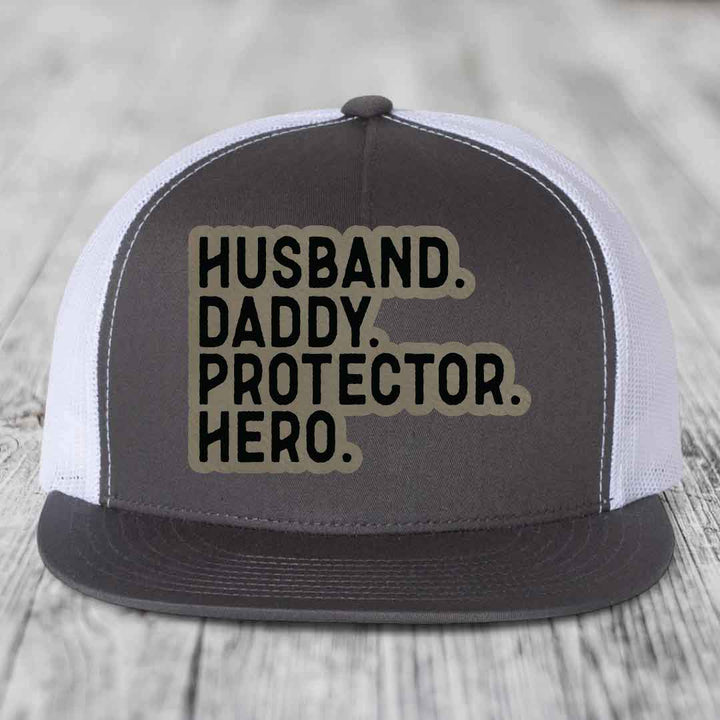 Husband Daddy Protector Hero - Leather Patch Hat - Light Brown to Black Patch - Yupoong 6006 Snapback Flatbill Hat